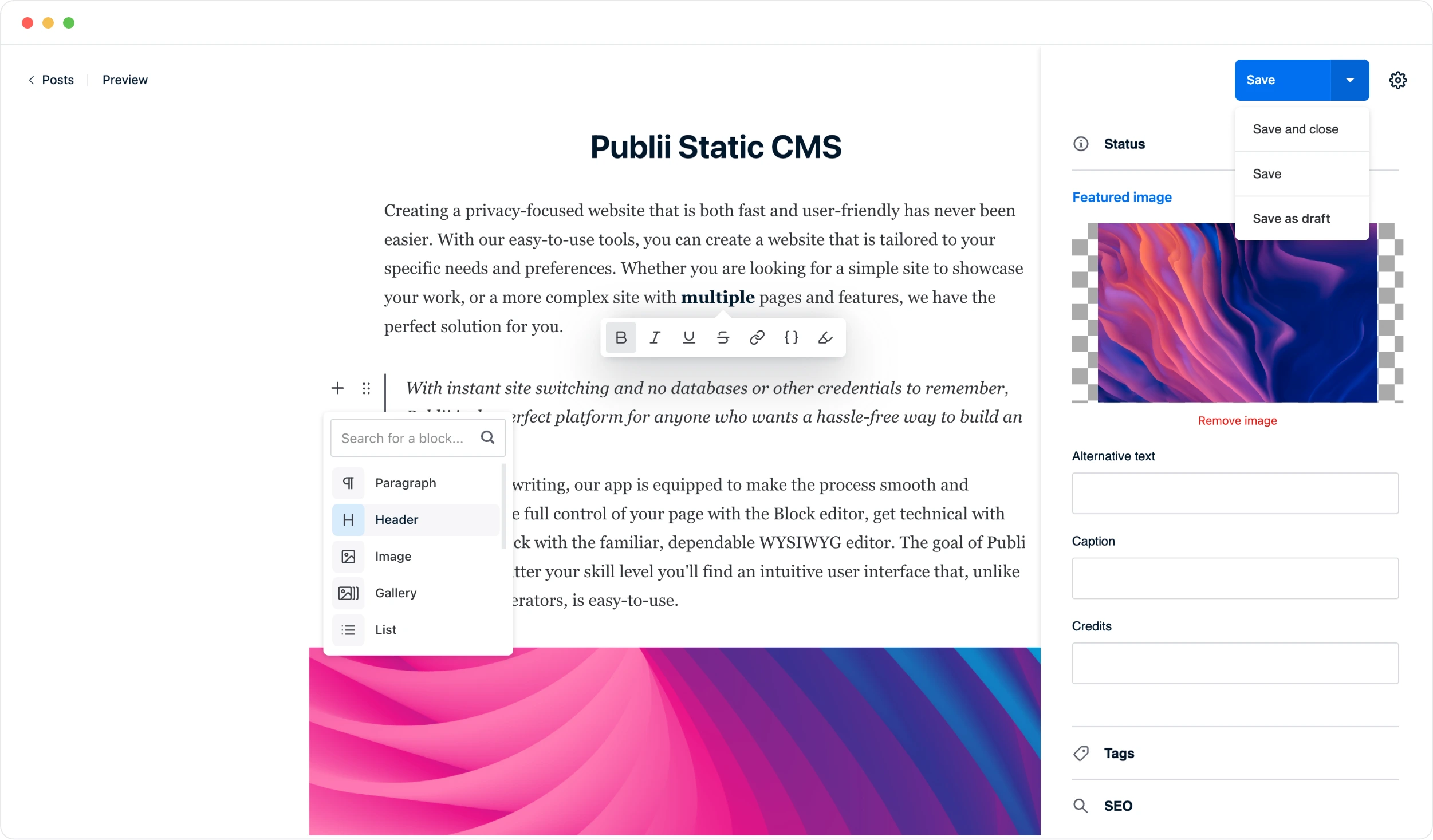 Publii Block editor screenshot.